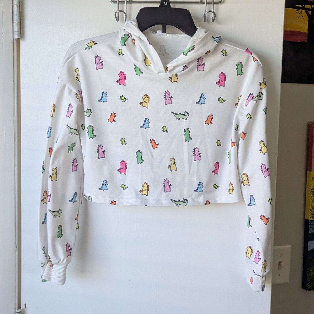 Shein Colorful Dinosaur Crop Pullover Hoodie Kids Size 11-12